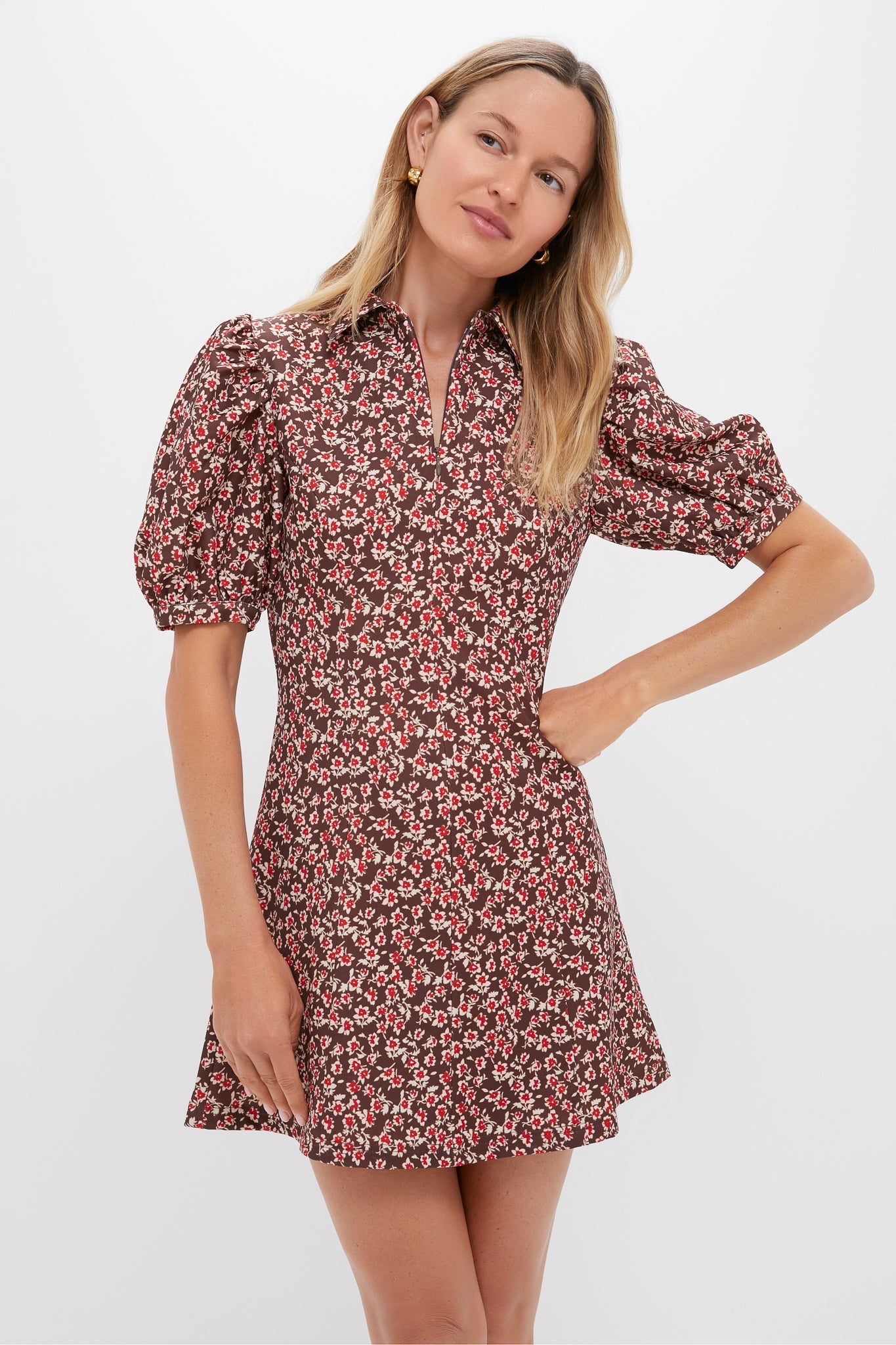 Brown & Red Floral Corduroy Front Zip Mini Dress
