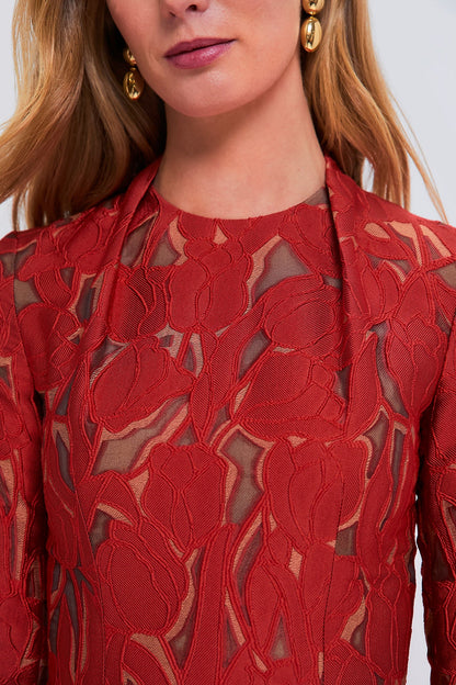 Red on Beige Seneca Embellished Midi Dress