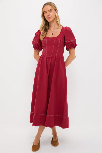 Oxblood Puff Sleeve Midi Dress