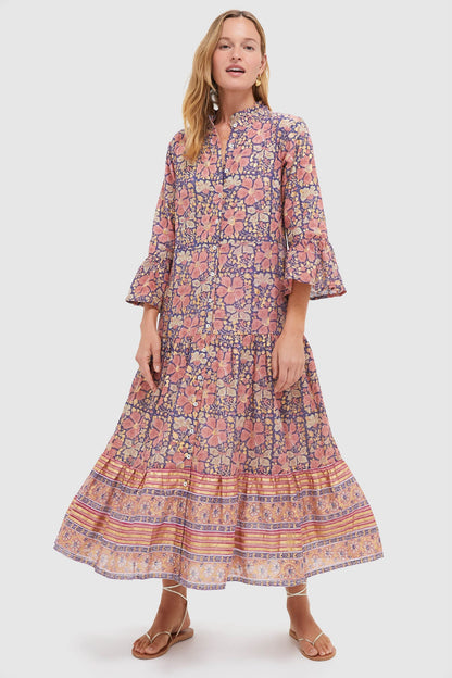 Matera Navy Ruffle Collar Bell Maxi Dress