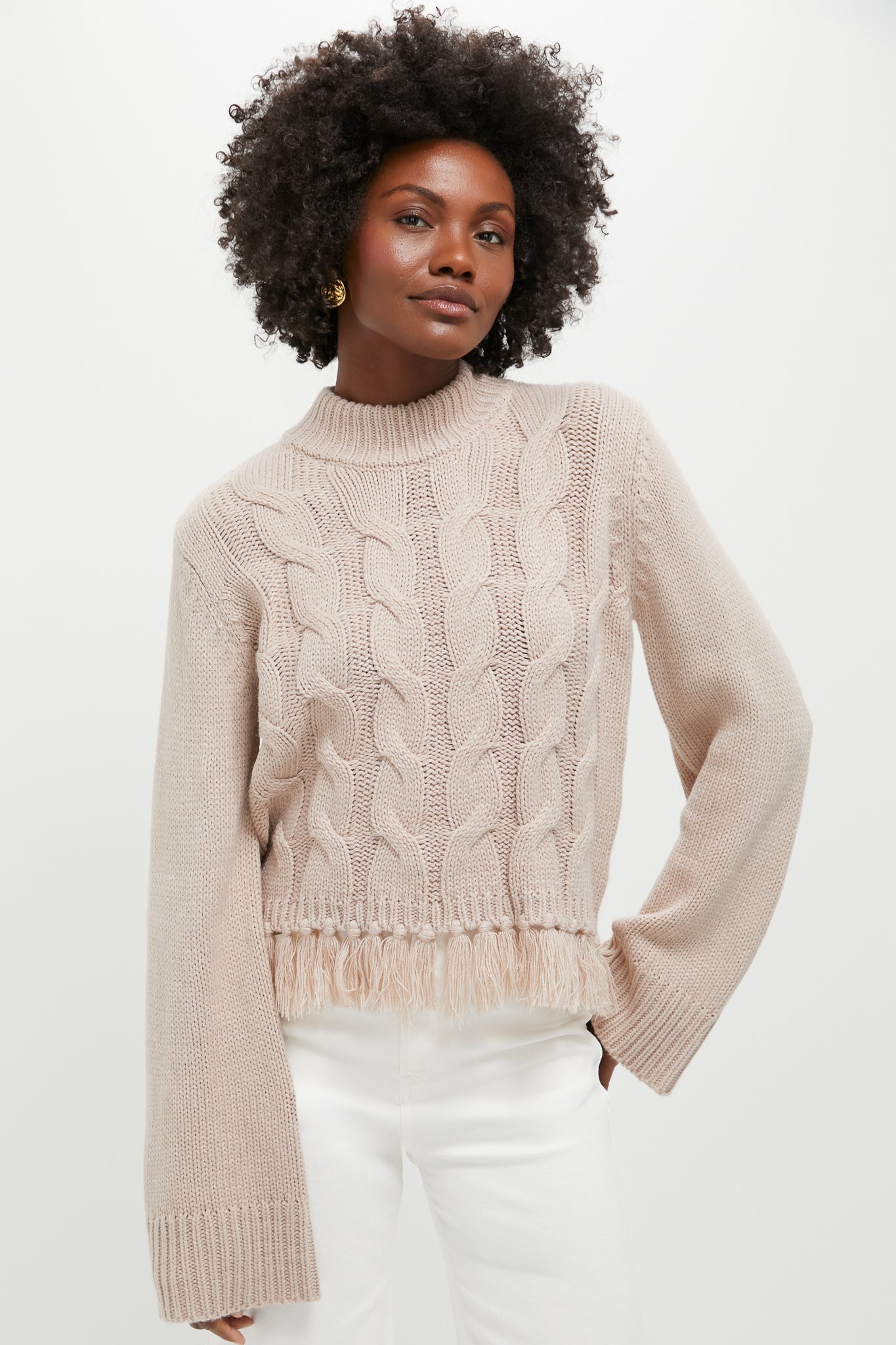 Taupe Fringe Cable Knit Carly Sweater