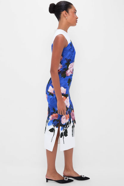 Brushstroke Rose Cobalt Blue Sleeveless Pencil Midi Dress