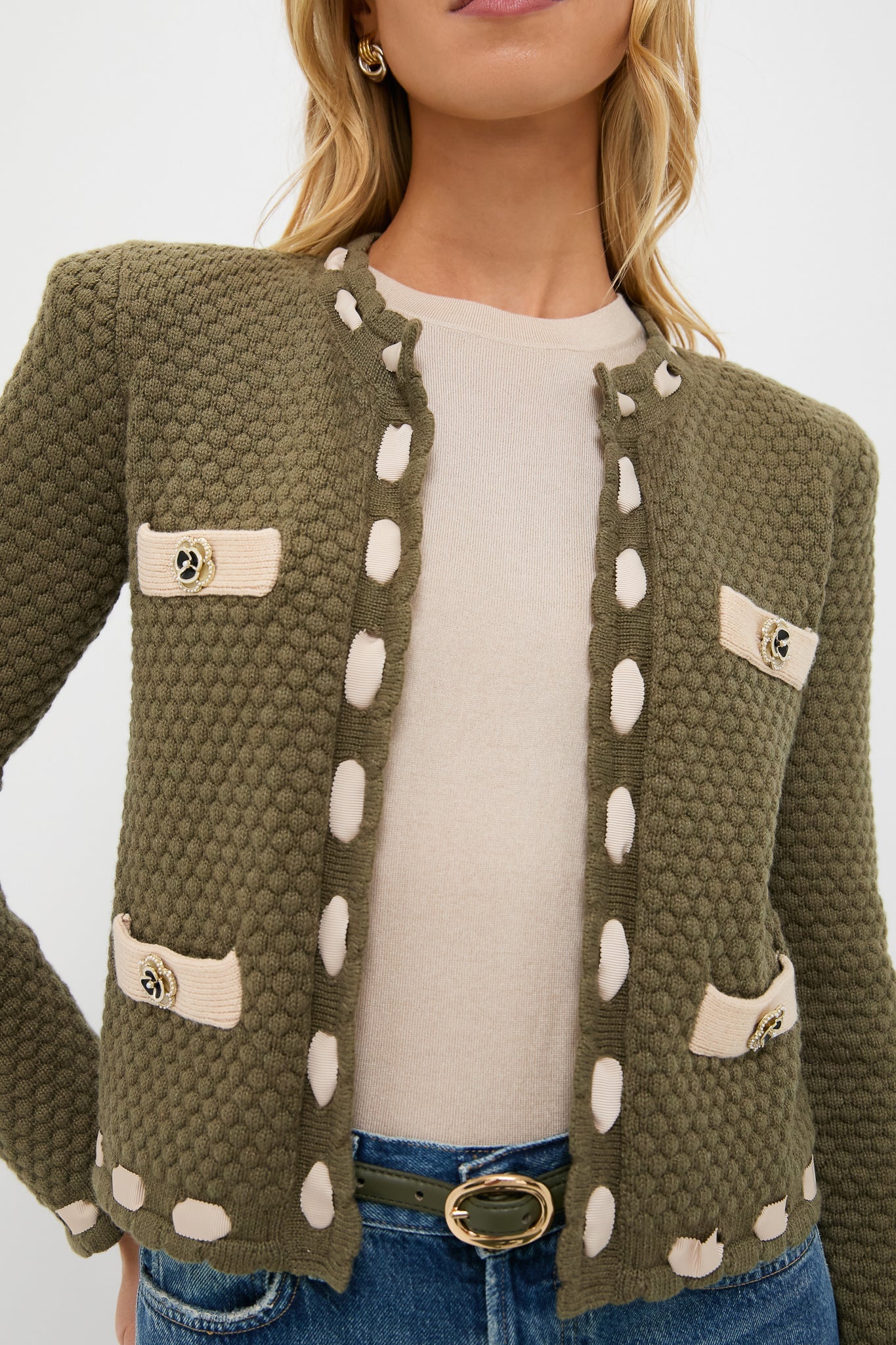 Army and Biscuit Astor Contrast Trim Cardi