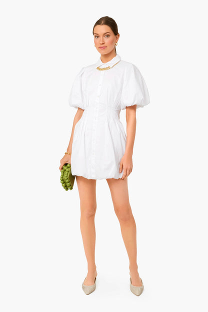 White Cleo Core Pleated Poplin Balloon Pintuck Mini Dress