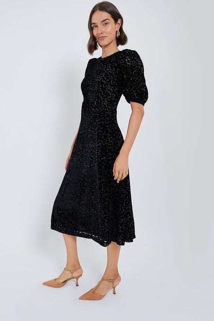 Black Sophia Burnout Velvet Puff Sleeve Dress