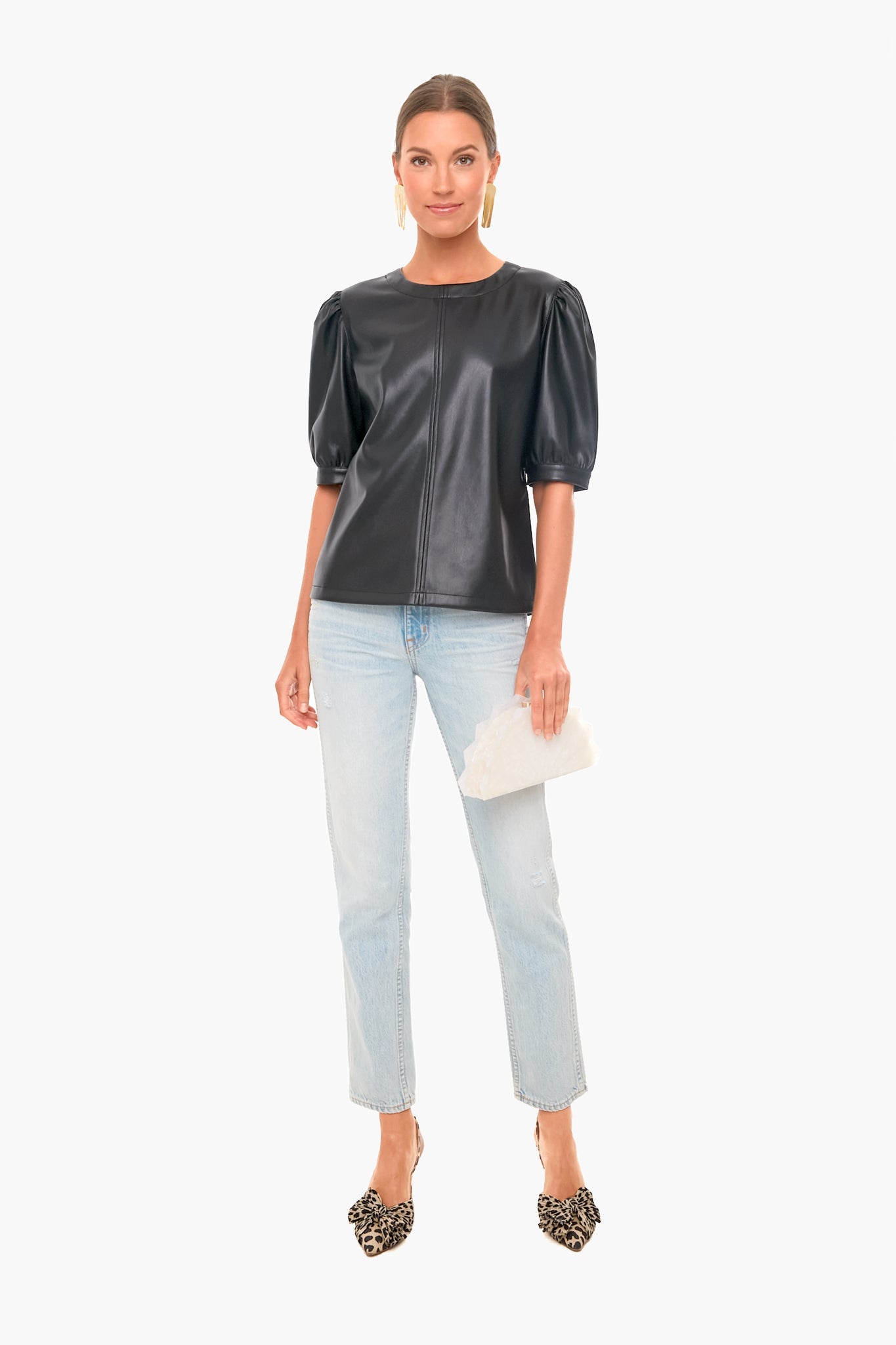 Vegan Leather Puff Sleeve Top