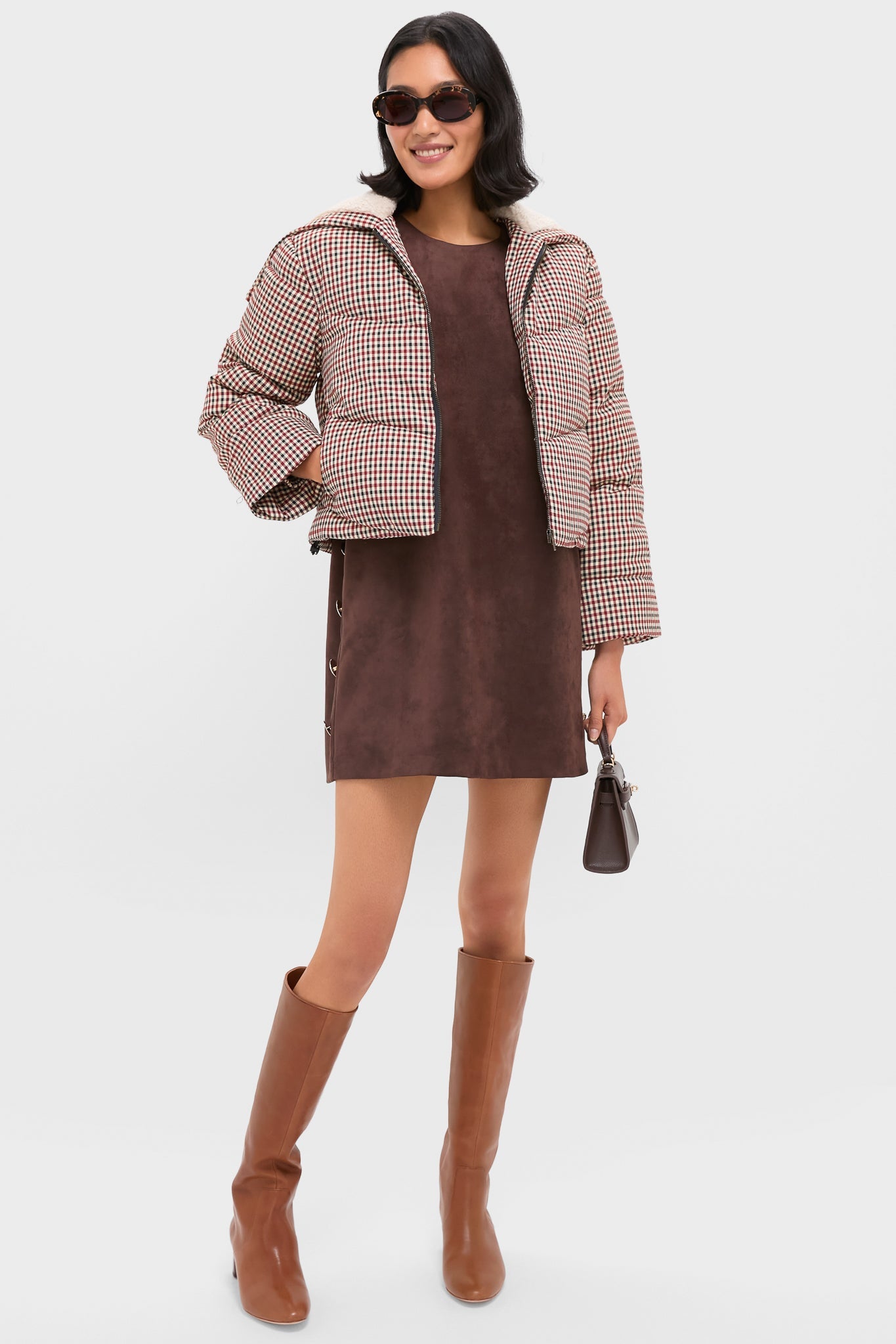 Multi Sally Gingham Puffer with Shearling Collar