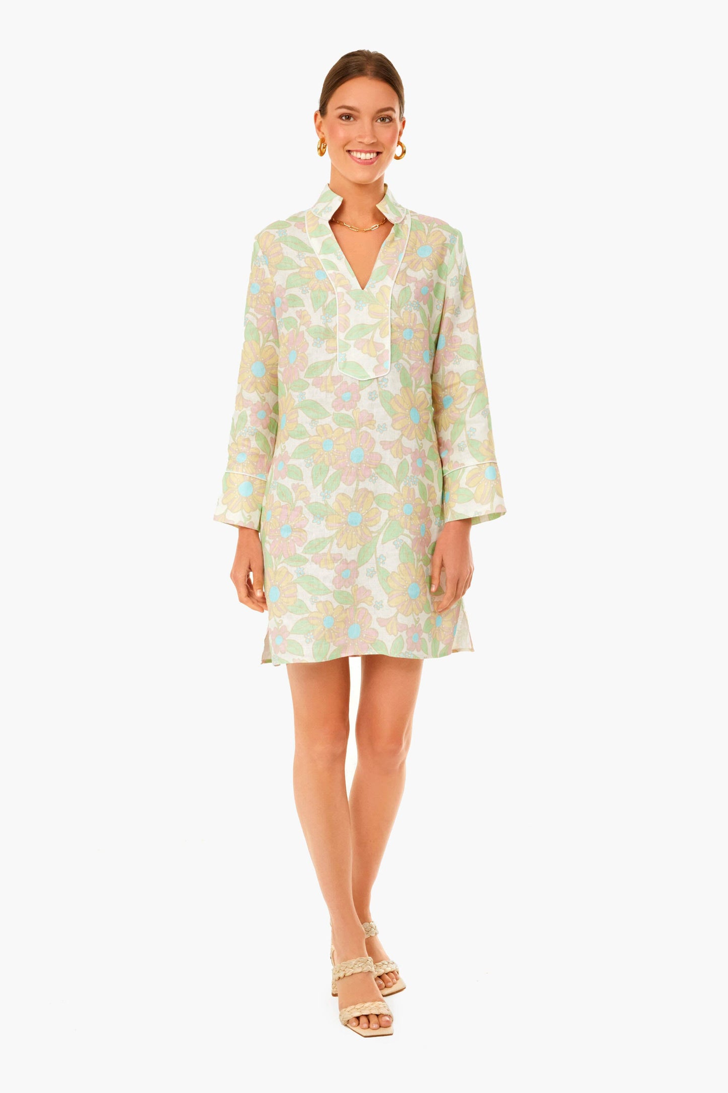 Retro Floral Long Sleeve Classic Tunic Dress
