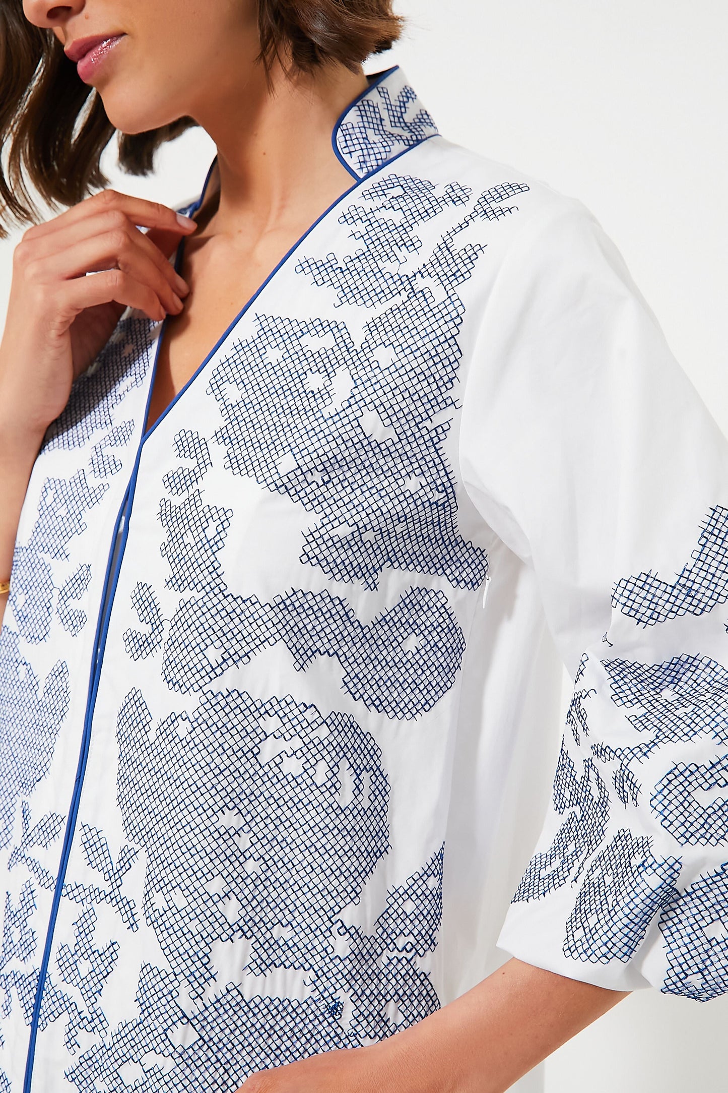 White & Blue Embroidery Arem Caftan