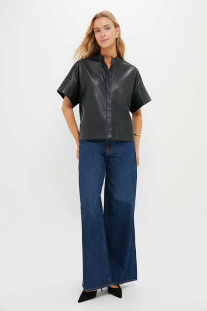 Black Leather Trapunto Stitch Sofia Shirt
