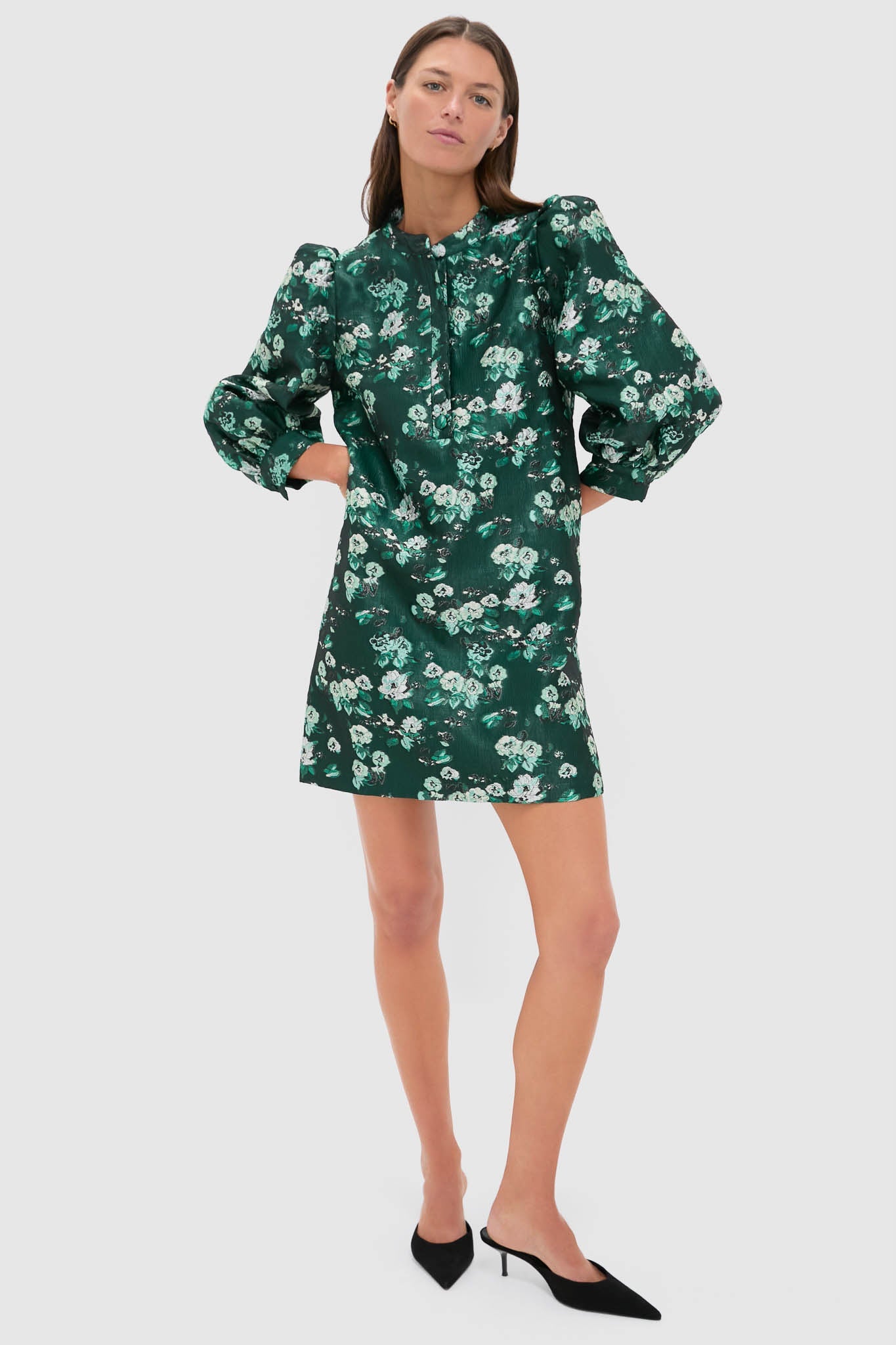 Emerald Magnolia Floral Jacquard Samantha Dress