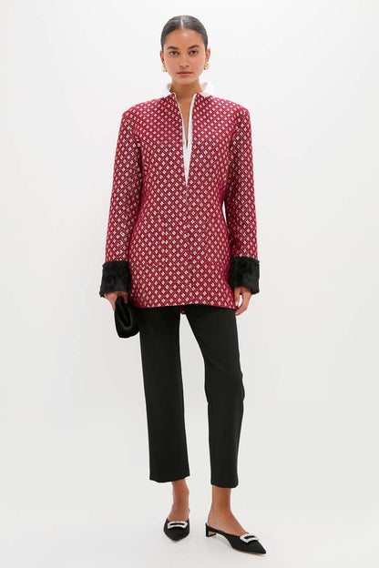 Burgundy and Gold Lea Geom Fur Jacket