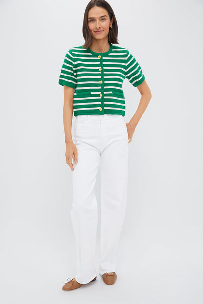 Green & White Striped Short Sleeve Anna Cardigan