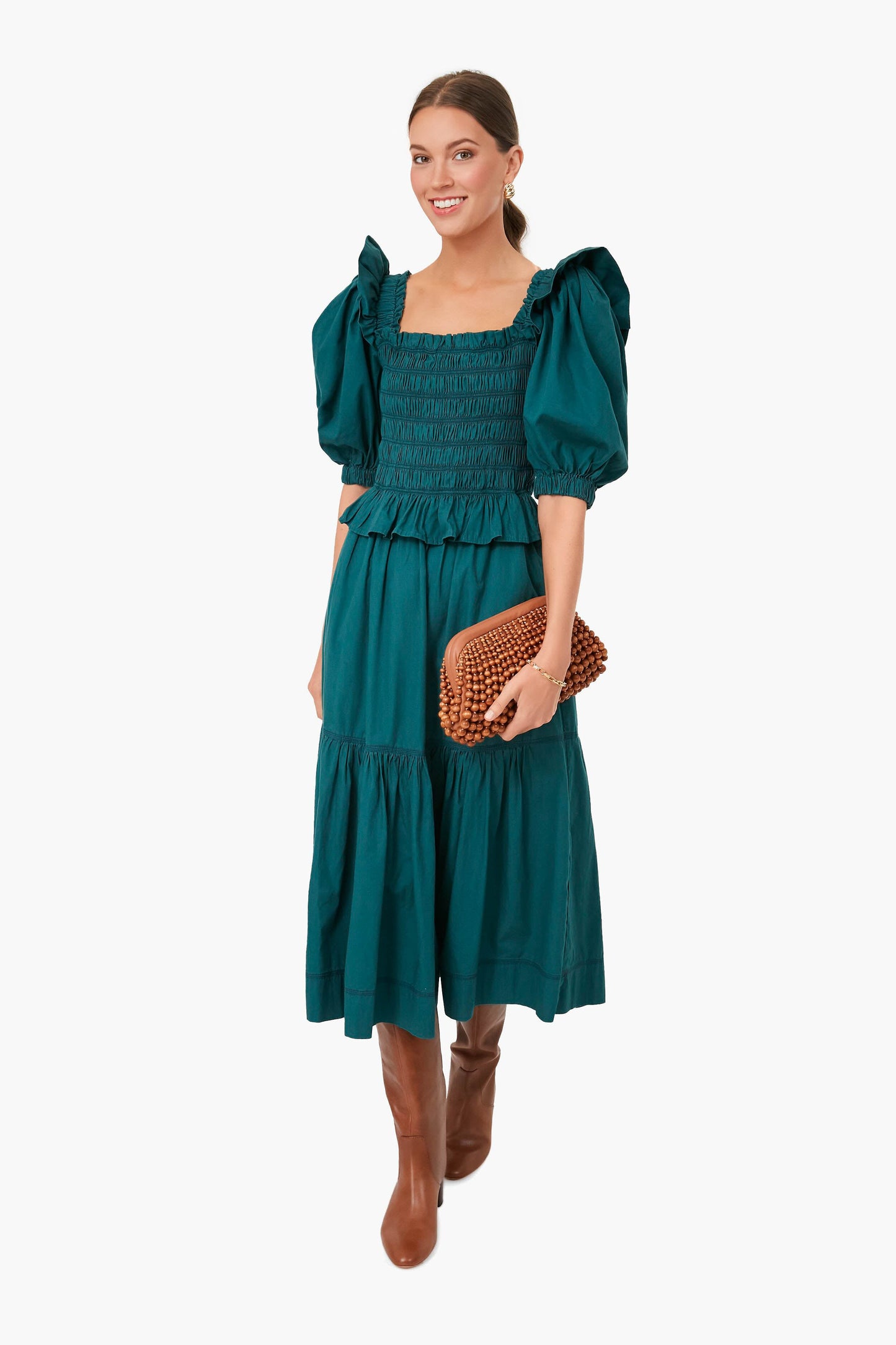 Forest Sybil Solid Cotton Puff Sleeve Smocked Dress