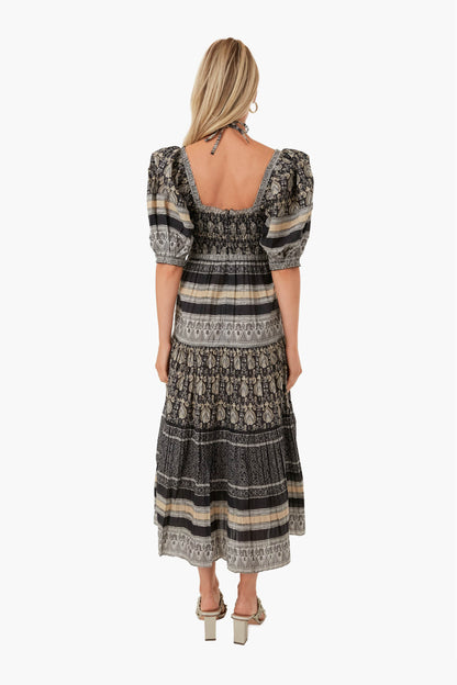 Black Tasha Print Short Sleeve Tiered Dress