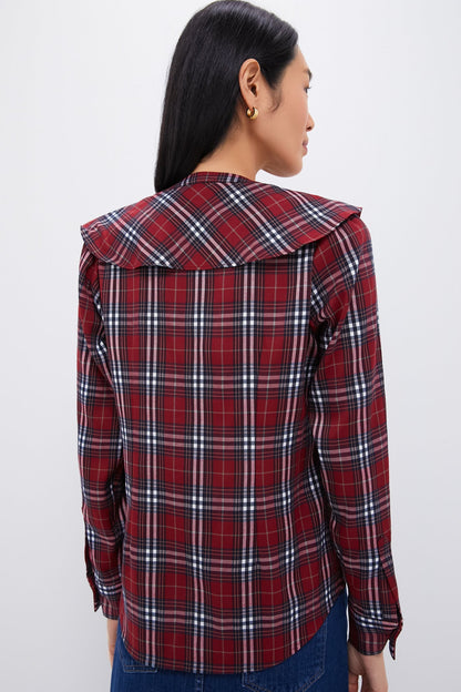 Red Plaid V Neck Ruffle Eileen Button Down