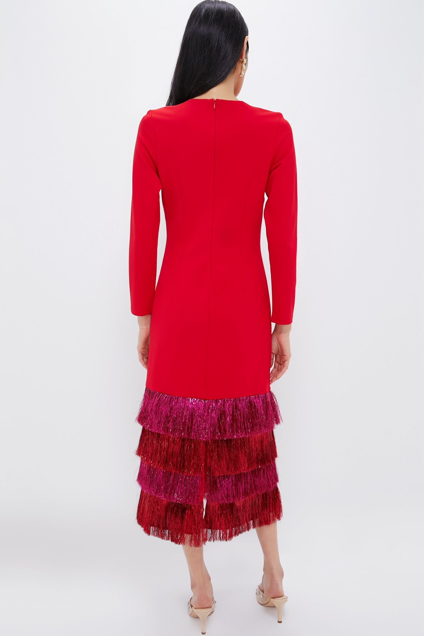 Red & Pink Metallic Fringe Francie Long Sleeve Maxi Dress
