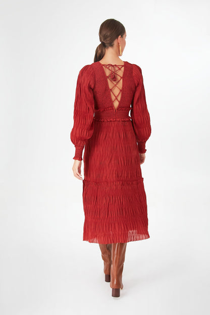 Rust Pasha Pleated Long Sleeve Smocked Dress