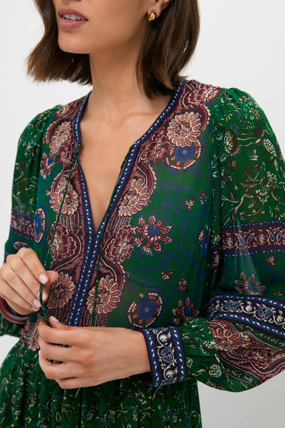 Green Melba Print Long Sleeve Midi Dress