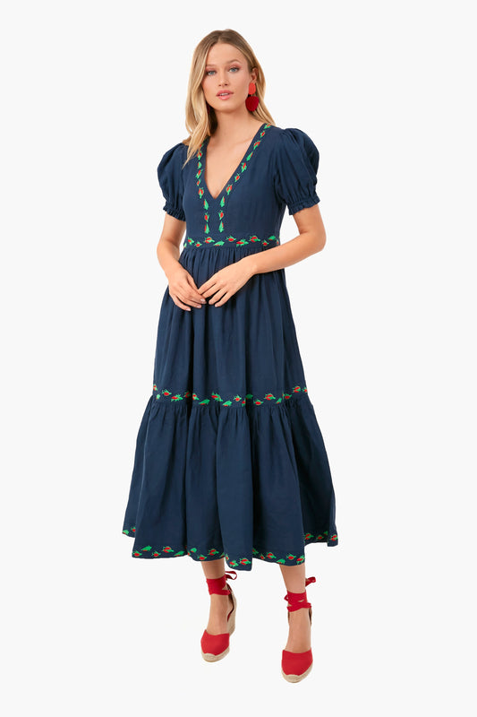 Indigo Aktur Linen V-Neck Embroidered Midi Dress