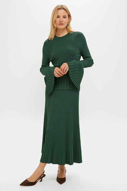 Dark Green Bell Sleeve Rib Sweater