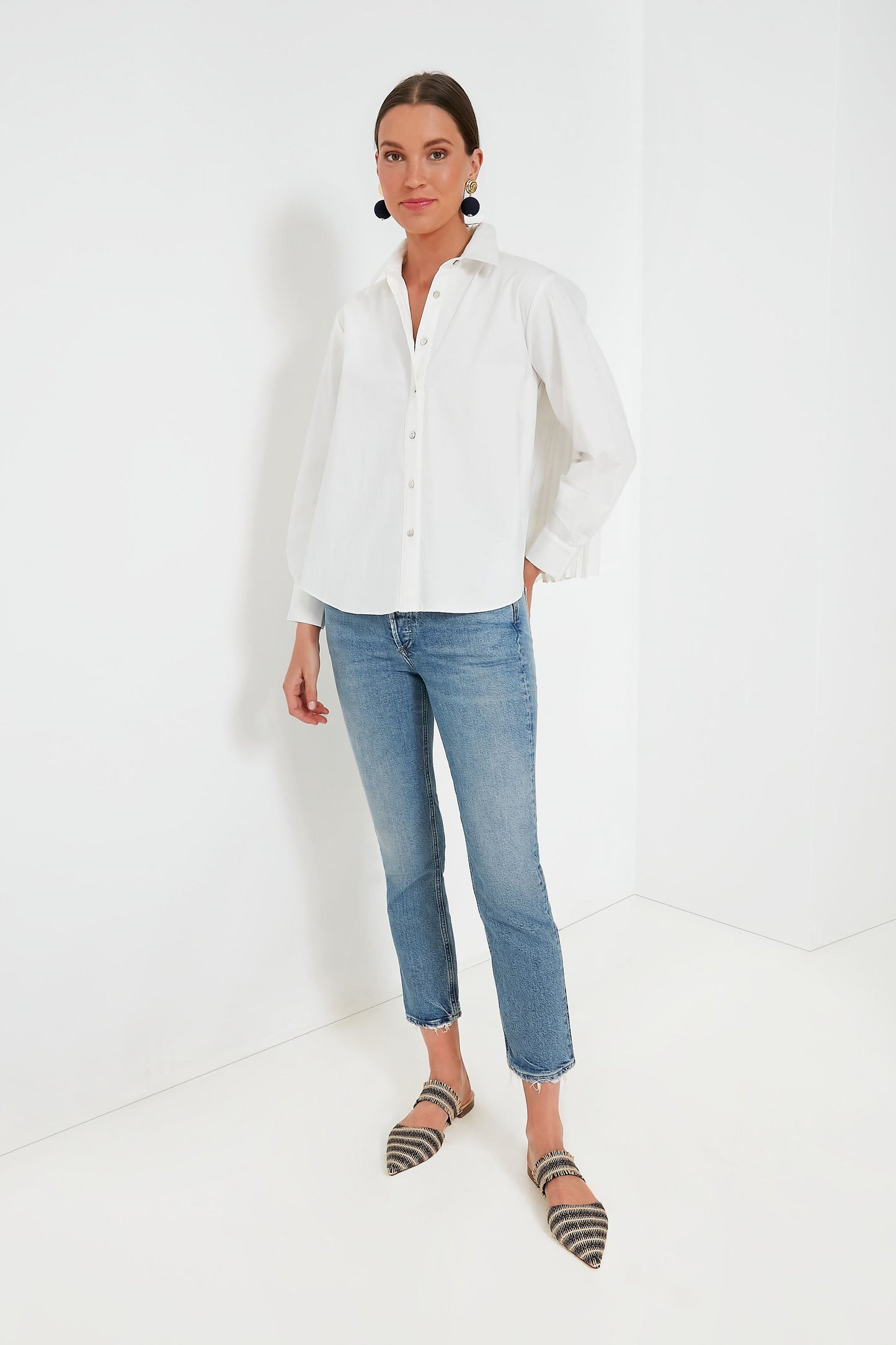 White Pleated Jade Button Down