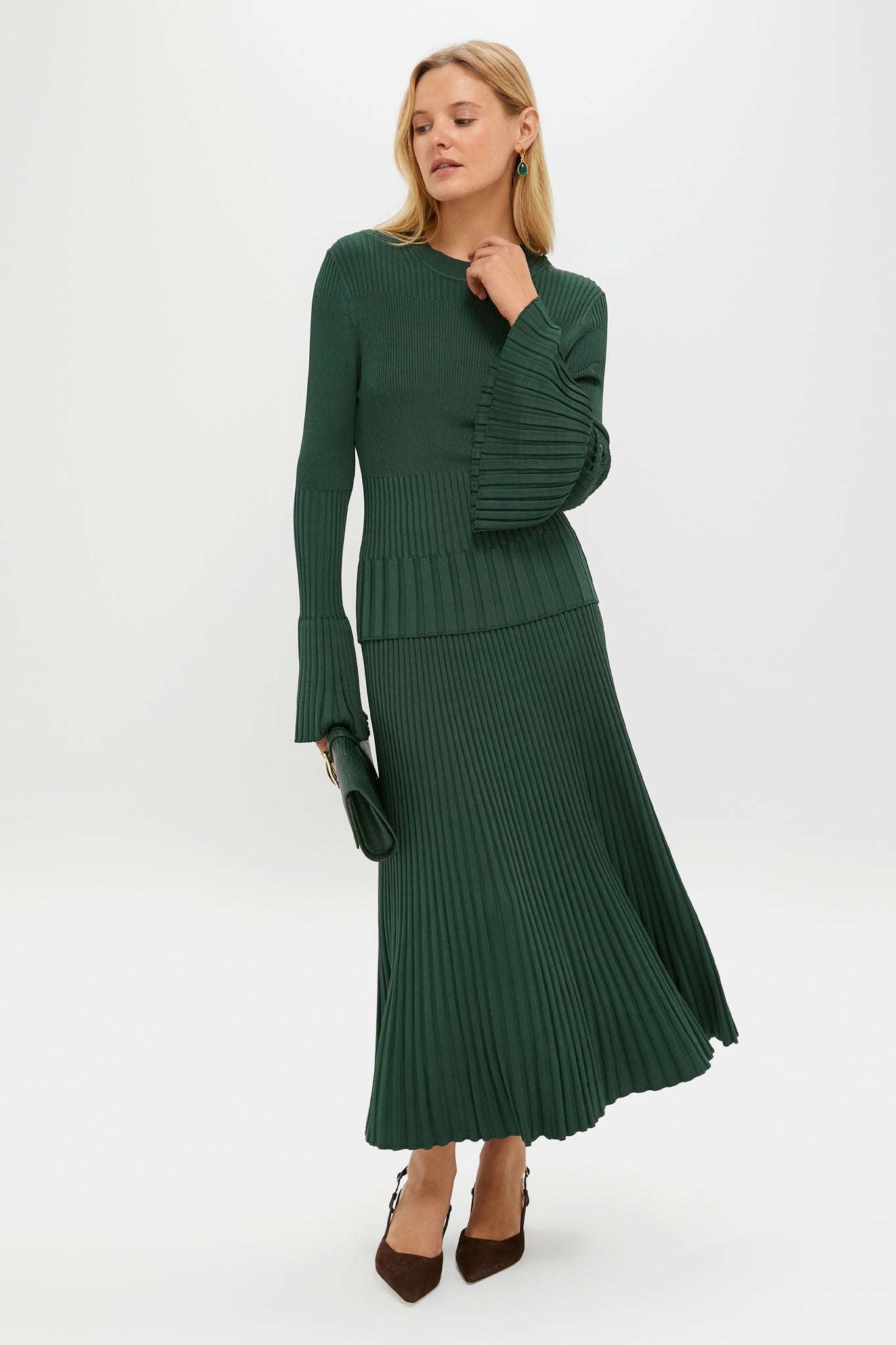Dark Green Bell Sleeve Rib Sweater
