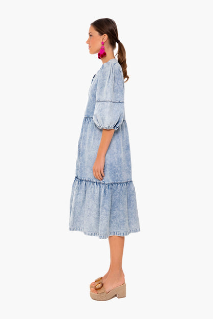 Blue Dax Acid Wash Denim Puff Sleeve Dress