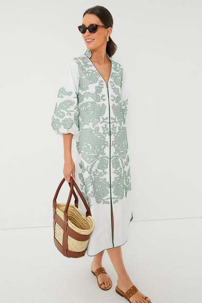 White & Green Embroidery Arem Caftan