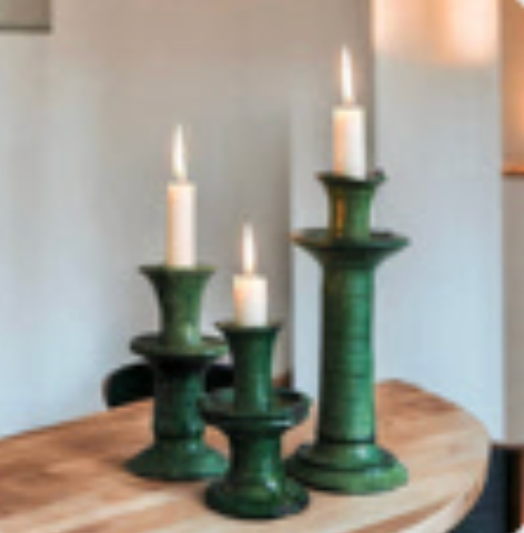 Medium Ceramic Glazed Pottery Handmade Moroccan Vintage Tamegroute Green Candlestick Holder
