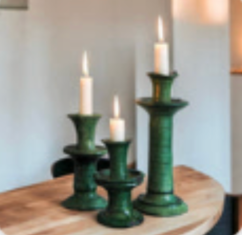 Large Ceramic Glazed Pottery Handmade Moroccan Vintage Tamegroute Green Candlestick Holder