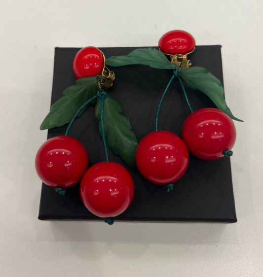 Acrylic Red and Green Cherry Stem Earrings