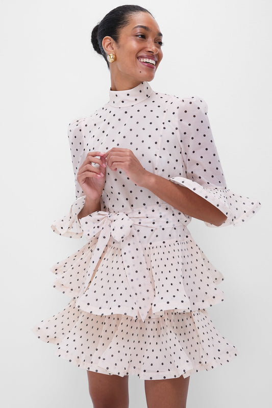 Cream and Black Polka Dot Pleated Sleeved Mini Dress