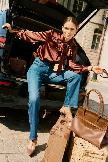 Chocolate Satin Brianna Bow Blouse