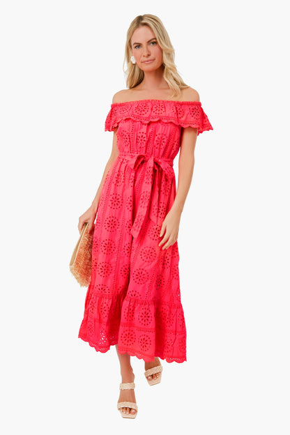 Spicy Coral Liabella Off the Shoulder Eyelet Midi Dress