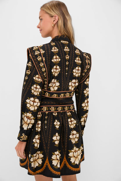 Black Embroidered Flowers Topstitching Long Sleeve Mini Dress
