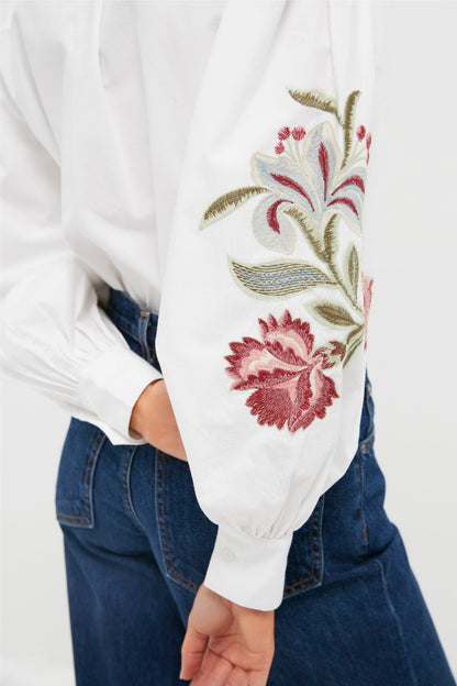 White Floral Embroidered Carolina Button Down