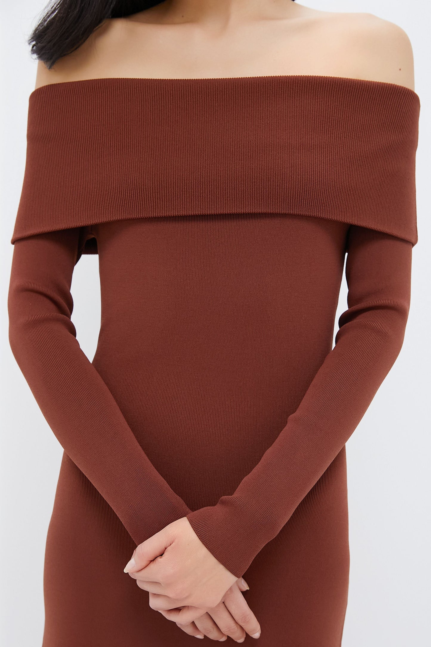 Mocha Knit Off-The-Shoulder Adrianna Dress