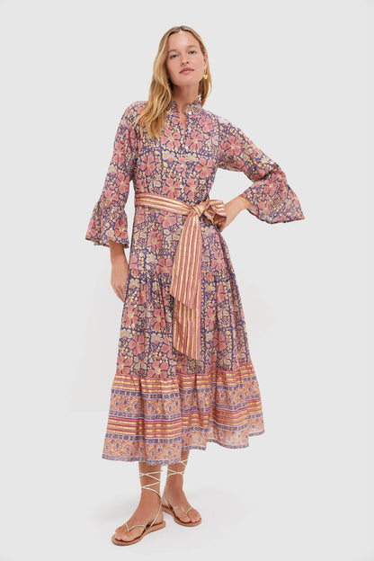 Matera Navy Ruffle Collar Bell Maxi Dress