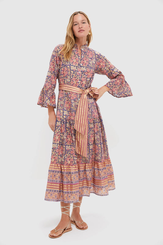 Matera Navy Ruffle Collar Bell Maxi Dress