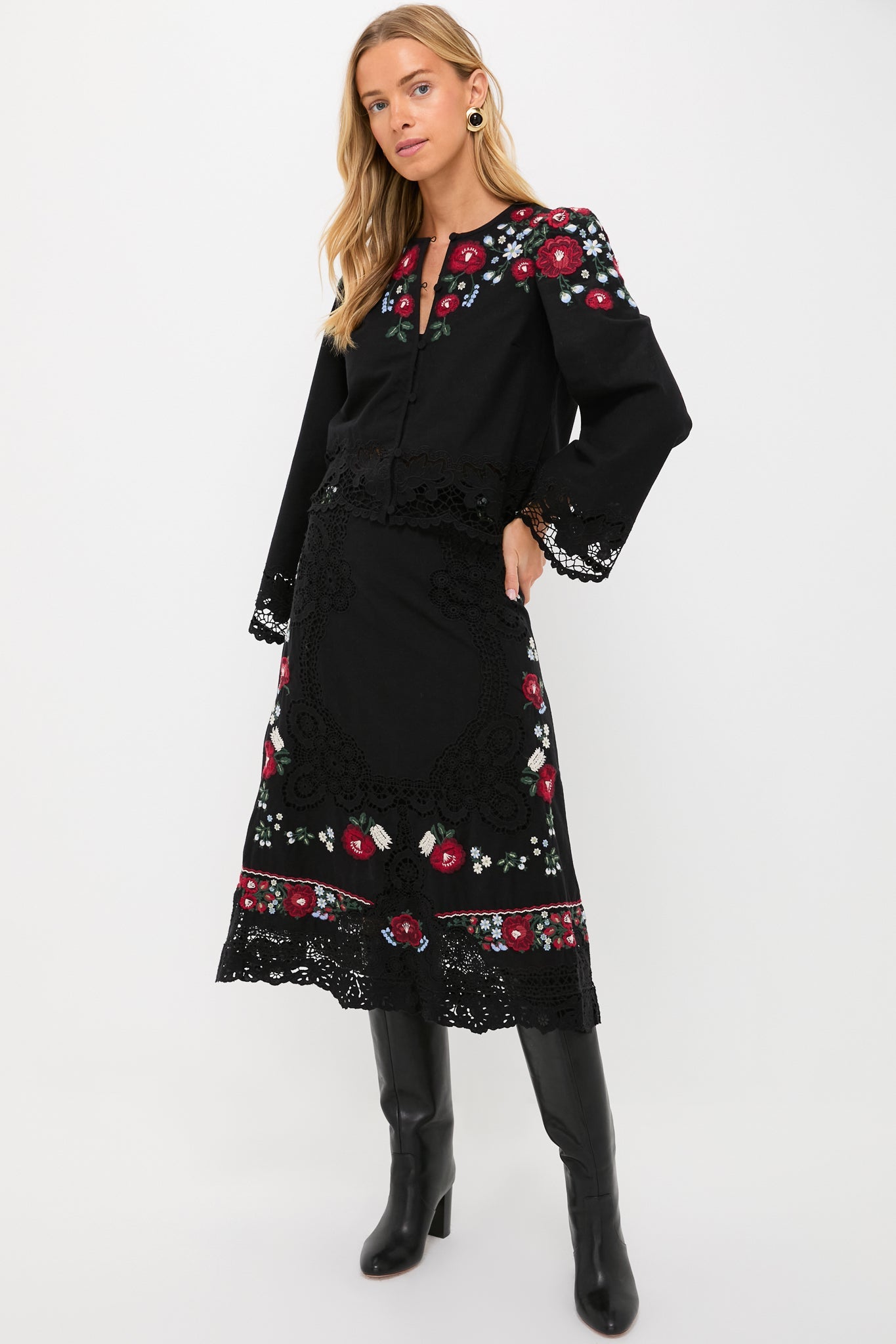 Black Rosaline Embroidery Midi Skirt