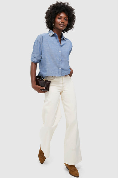 Chambray Denim Embellished Cropped Jasper Button Down