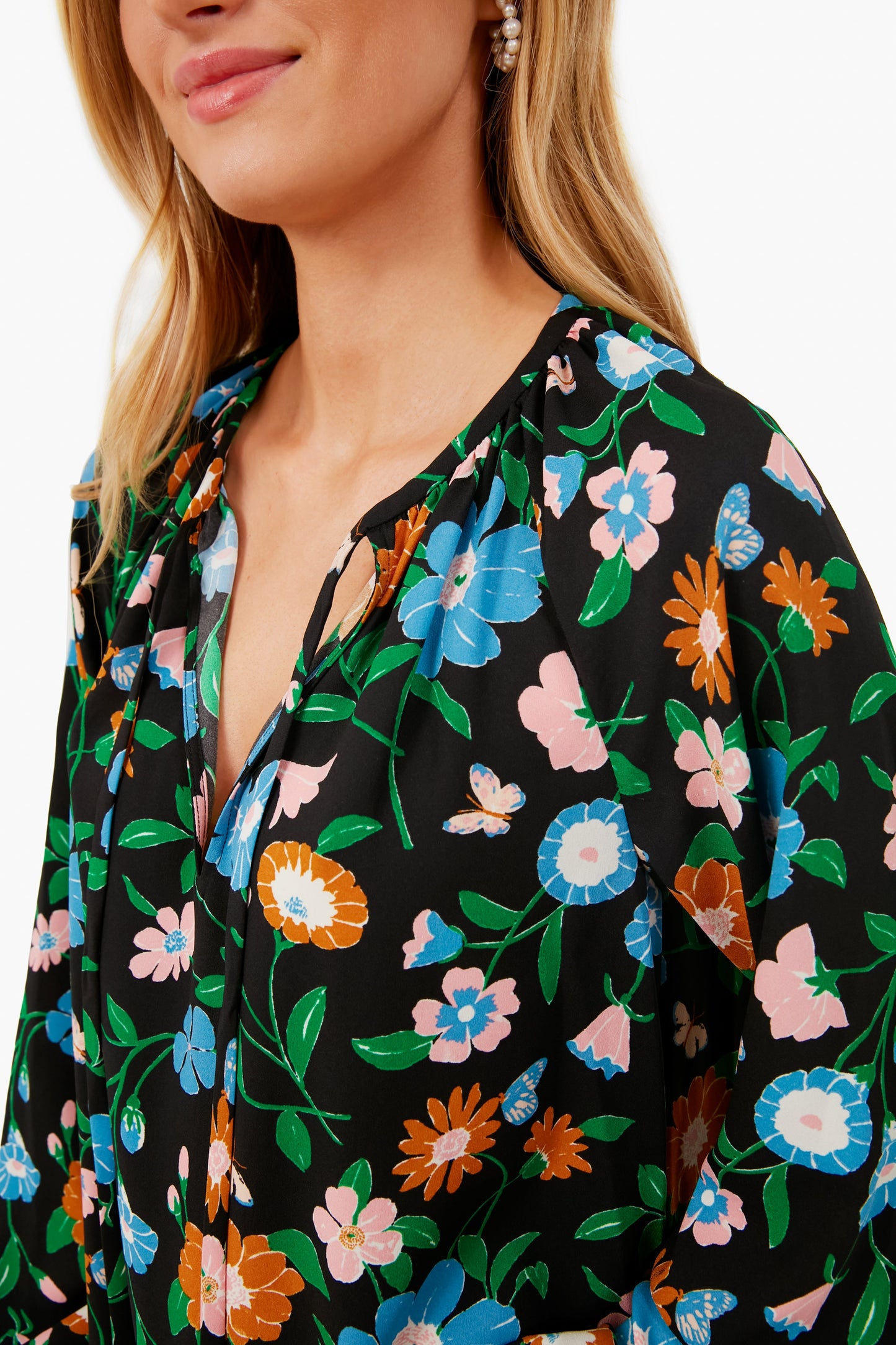 Black Floral Garden Tie Neck Dress