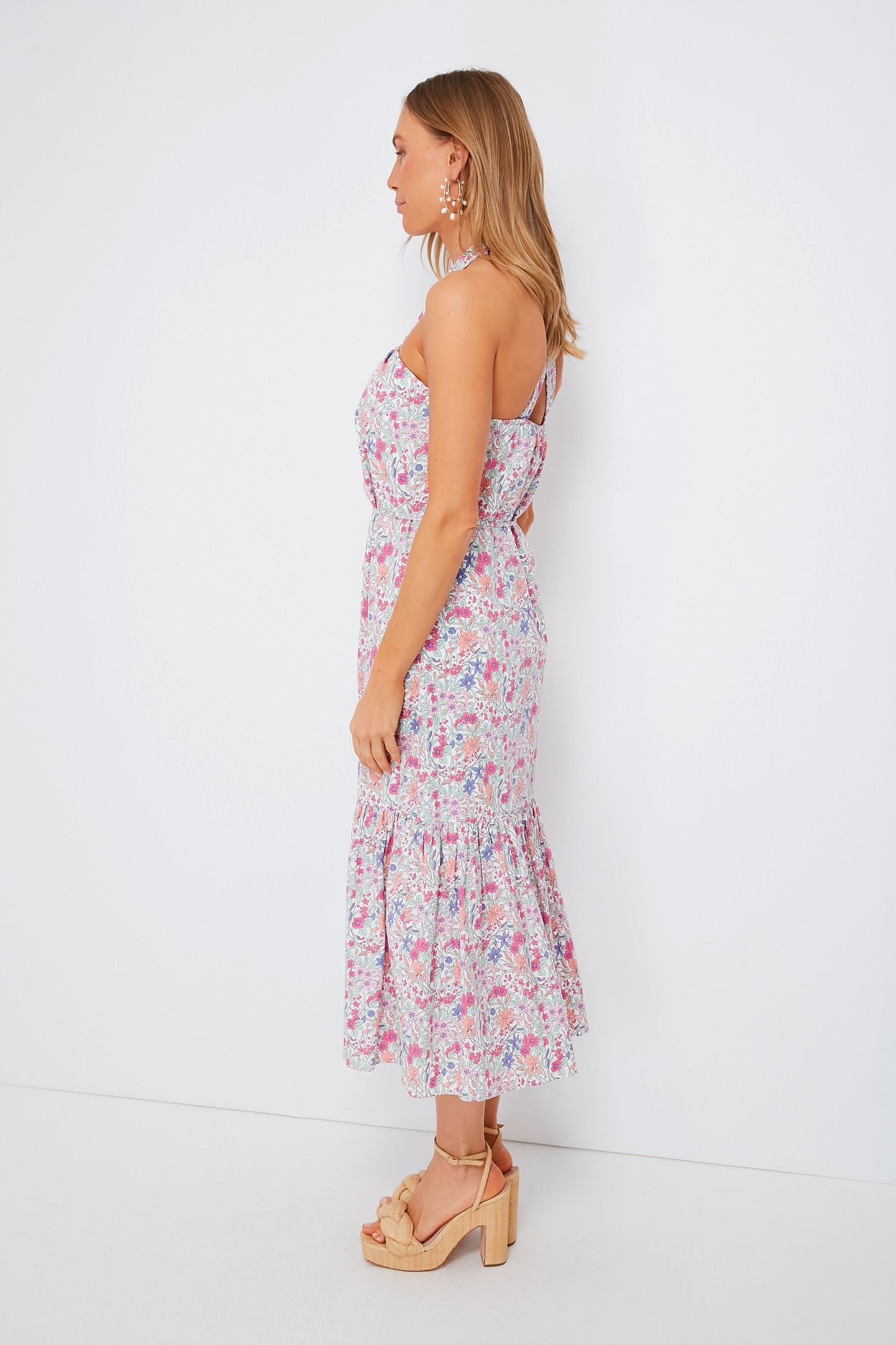 Pink Halter Neck Floral Medouie Midi Dress