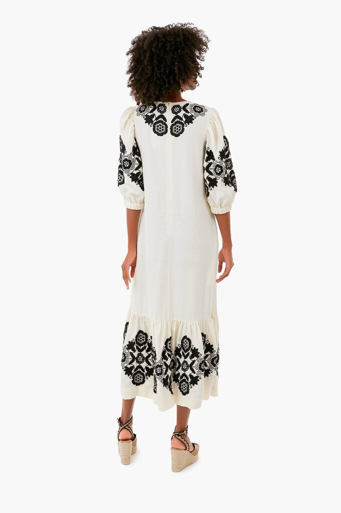 Cream Manuela Embroidered Puff Sleeve V-Neck Dress
