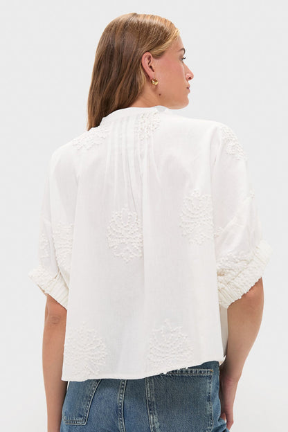 French Knot Floral Sand Mandarin Collar Top