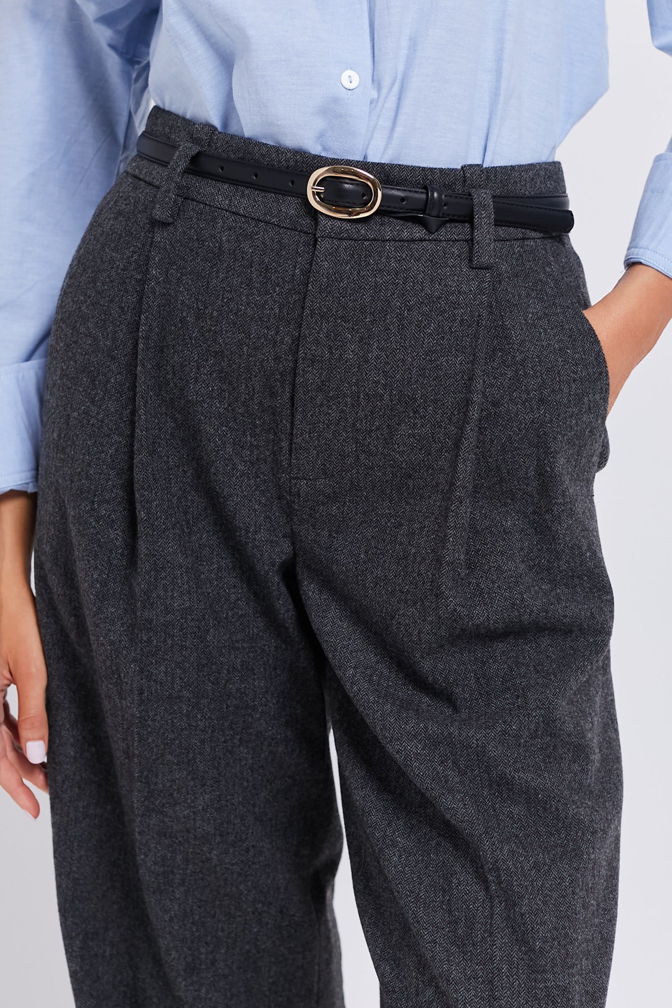 Charcoal Herringbone High Waisted Wide Leg Trouser