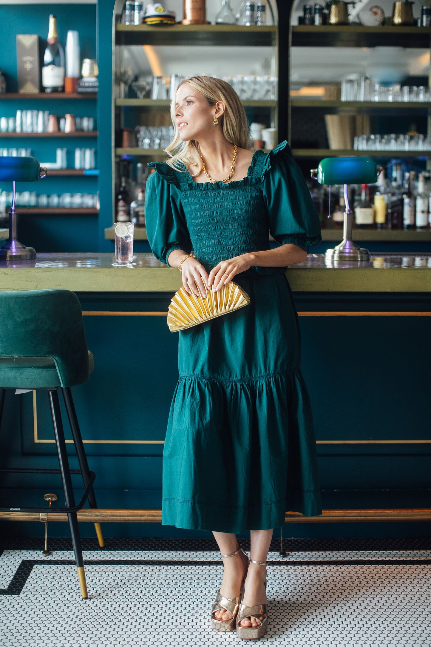 Forest Sybil Solid Cotton Puff Sleeve Smocked Dress