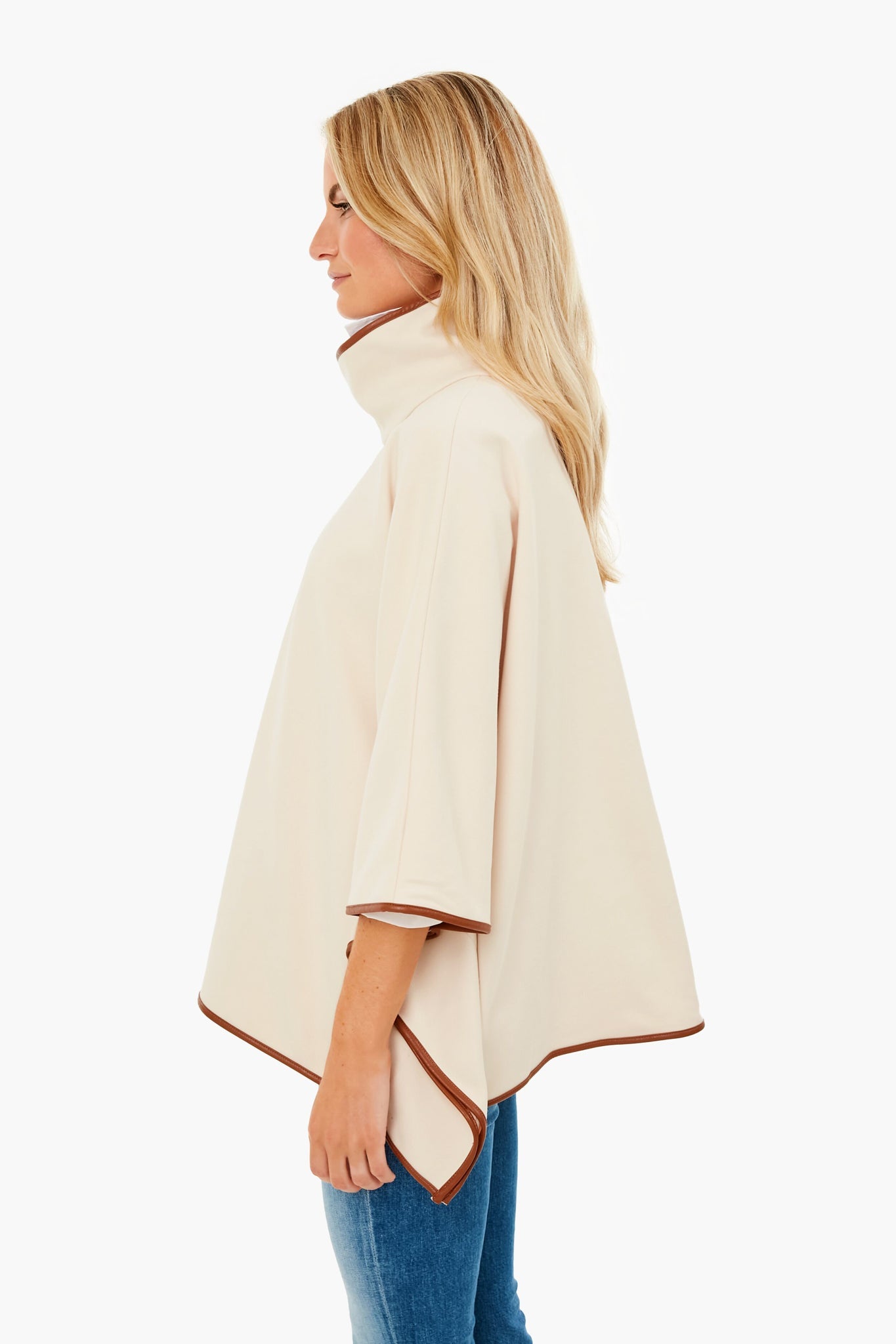 Ivory Pearl Leather Trim Funnel Neck Piper Poncho