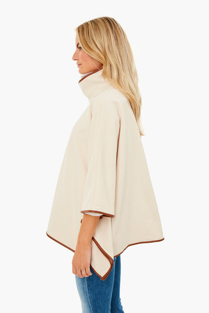 Ivory Pearl Leather Trim Funnel Neck Piper Poncho